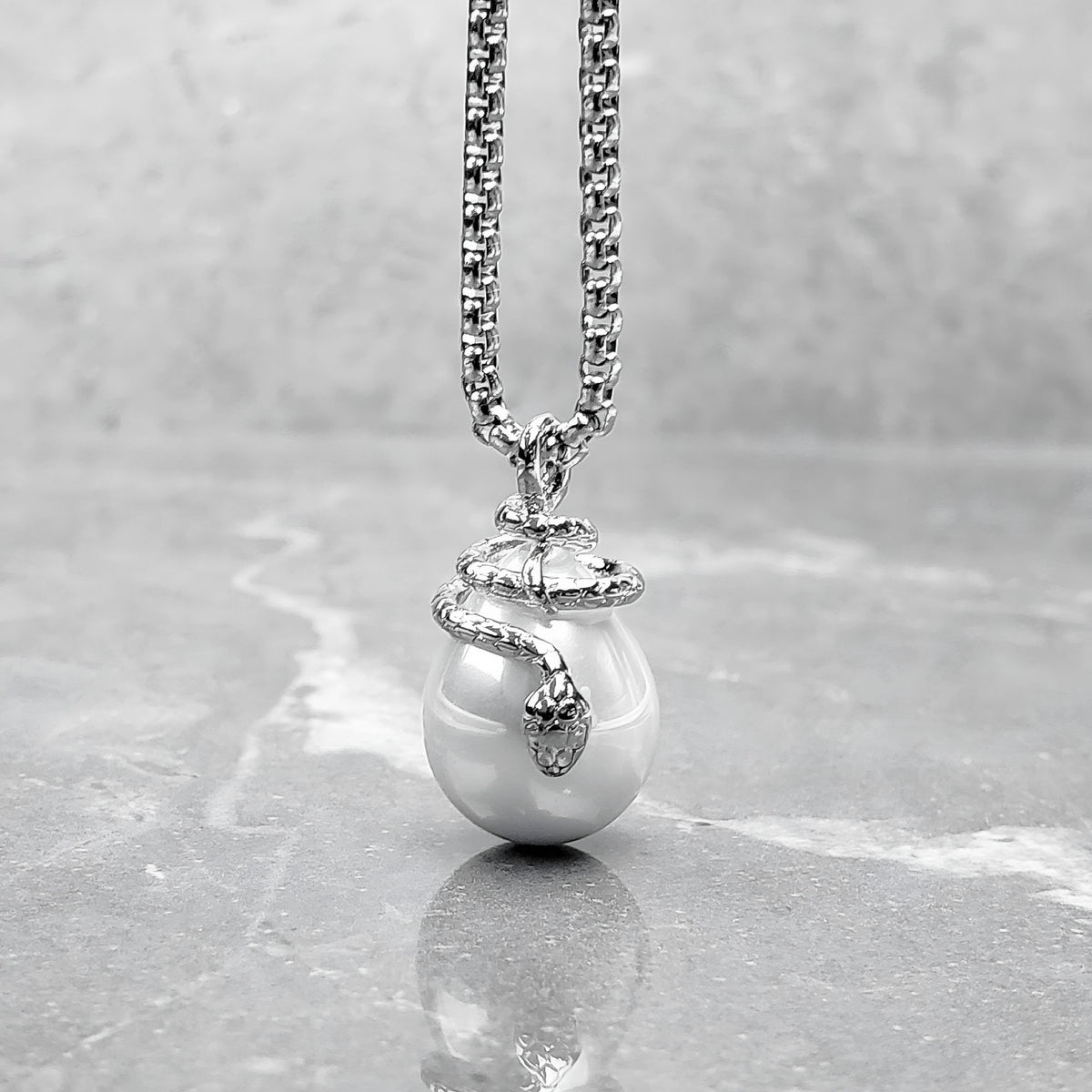Silver Pearl Ouroboros Necklace