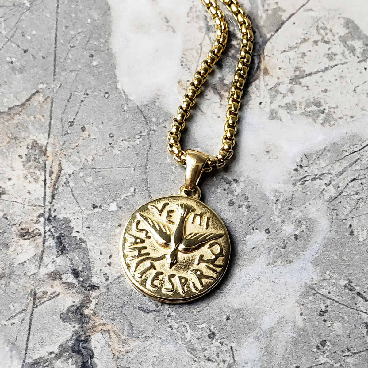 Gold Veni Sancte Spiritus Coin Necklace