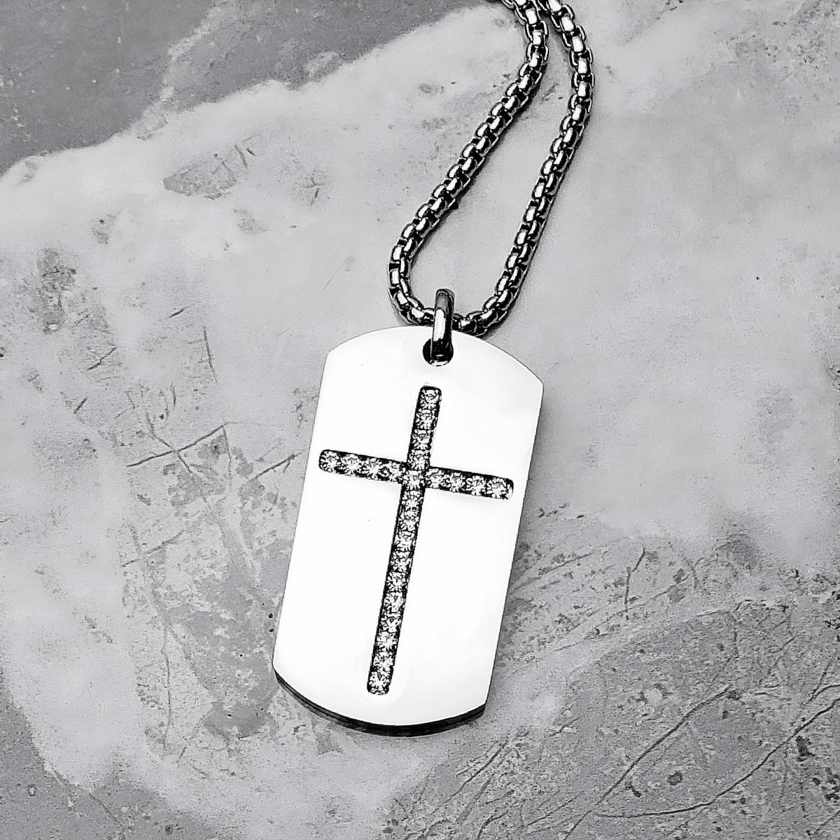 Silver Pavé Cross Dog Tag