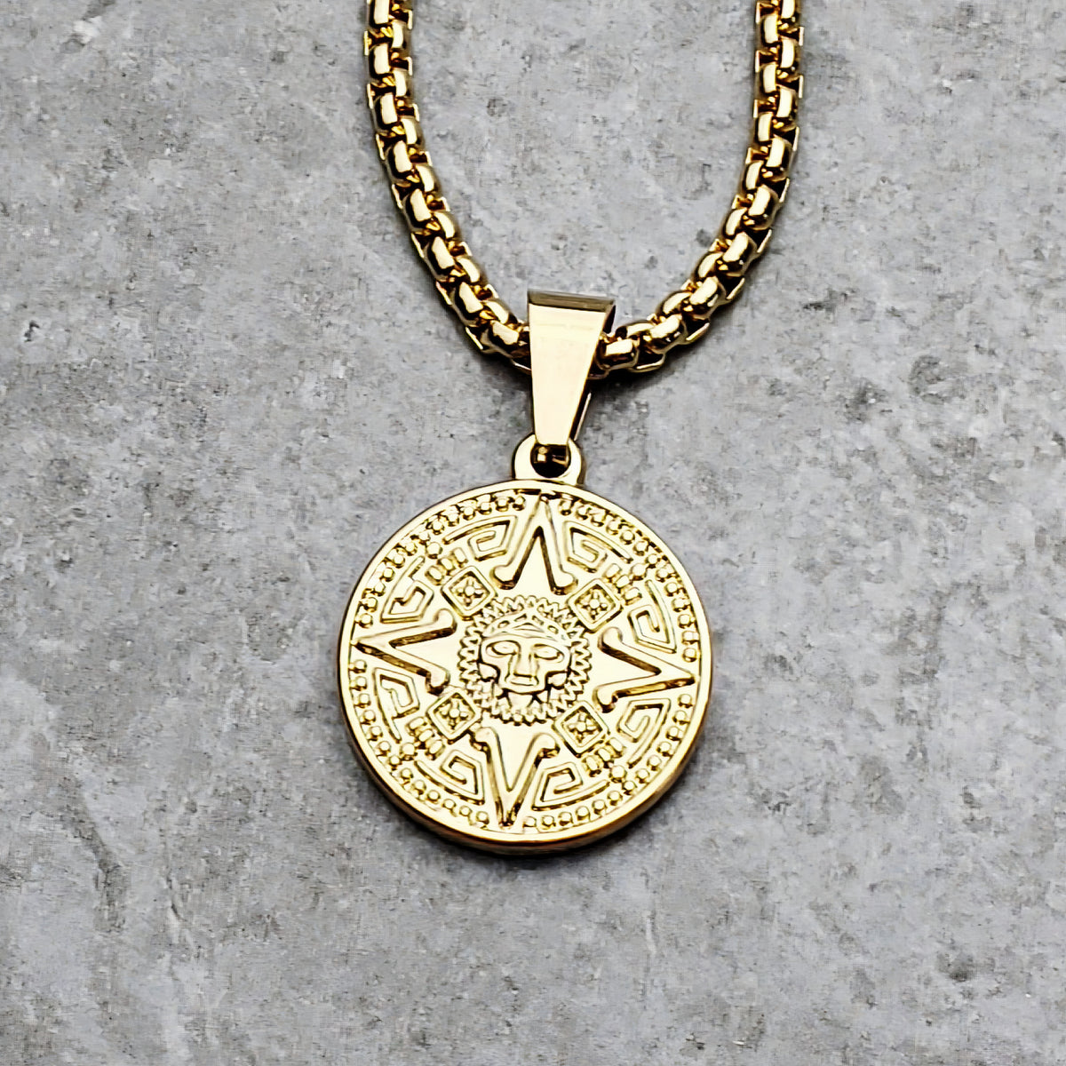 Gold Aztec Calendar Coin Necklace