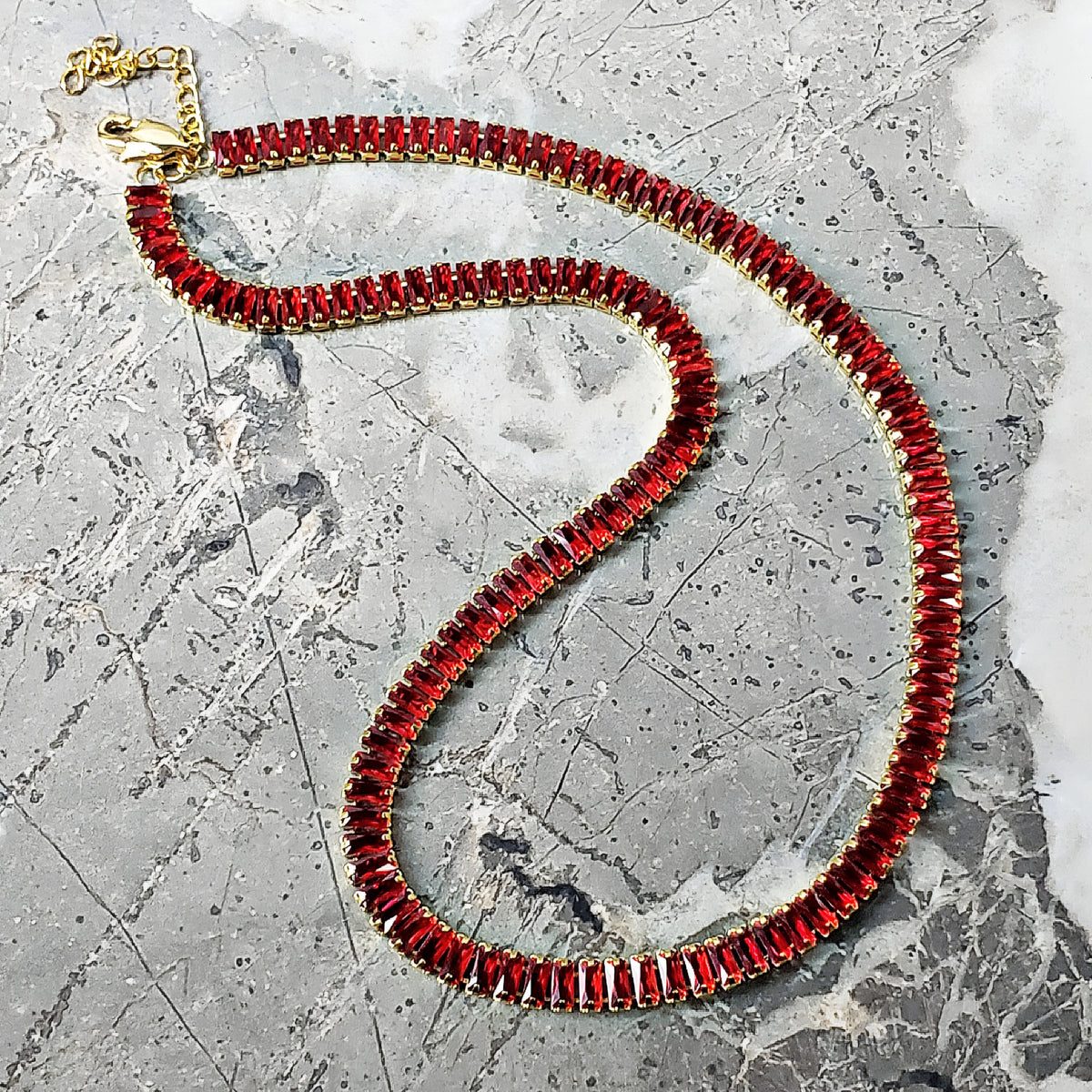 Gold Garnet Baguette Necklace