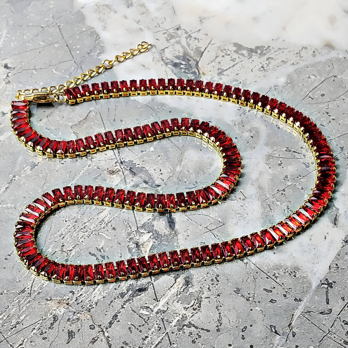 Gold Garnet Baguette Necklace