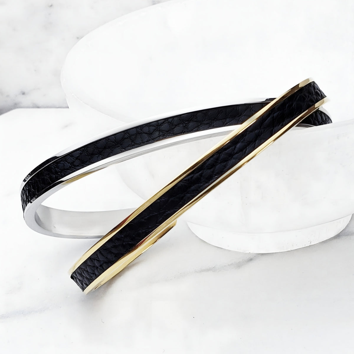 Silver Black Leather Cuff Bracelet