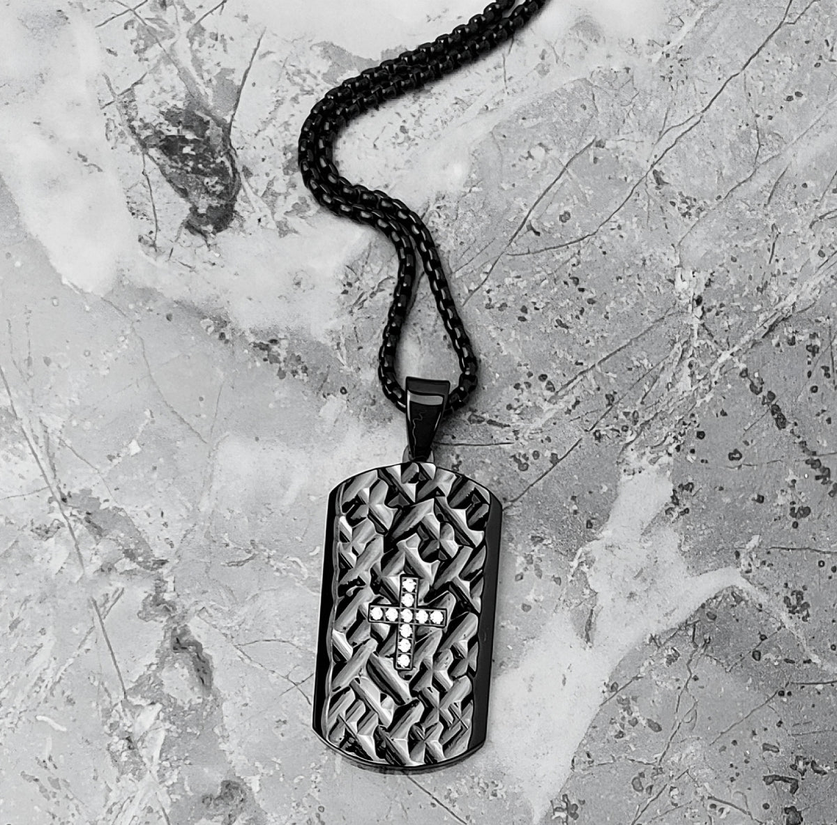 Faceted Black Pavé Cross Dog Tag