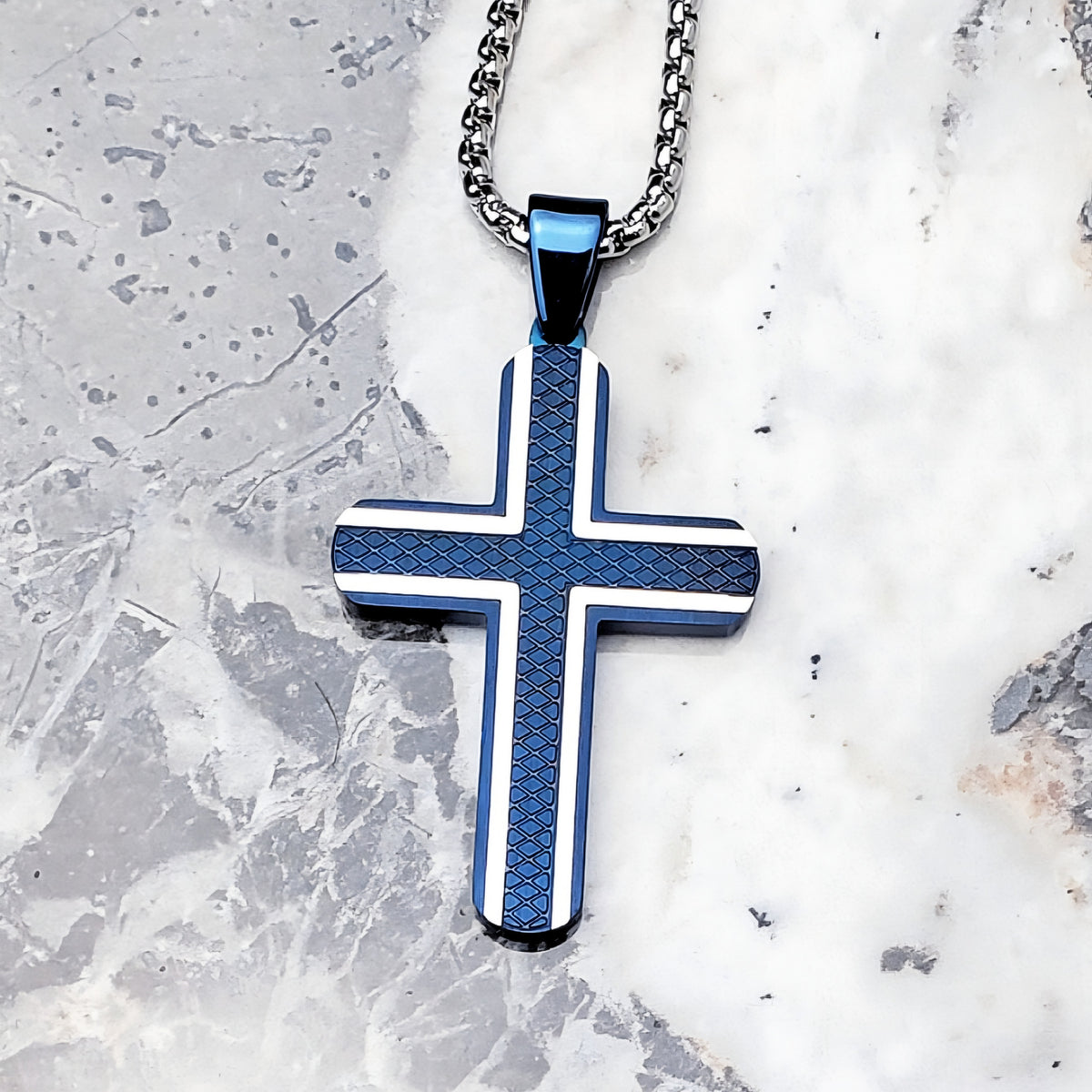 Matte Blue Silver Cross Necklace