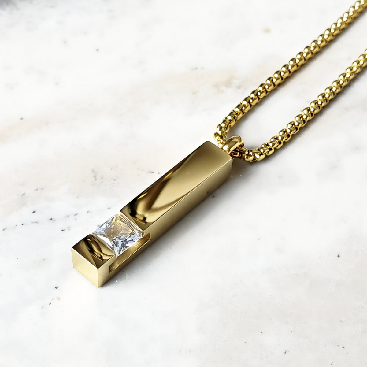 Gold CZ Bar Tag Necklace