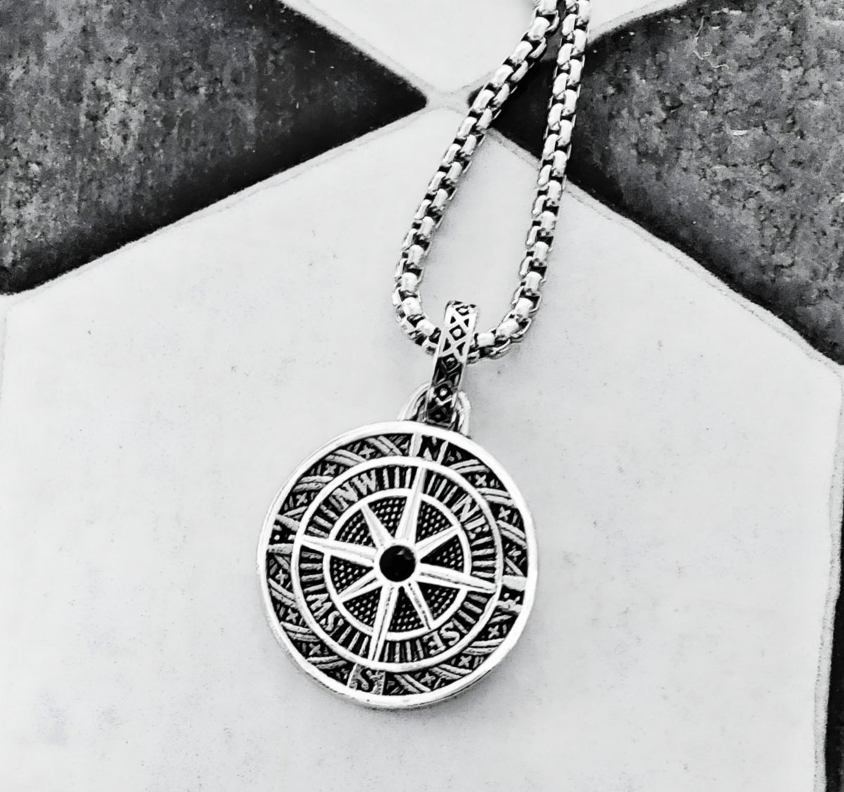 Silver Onyx Maritime Compass Necklace