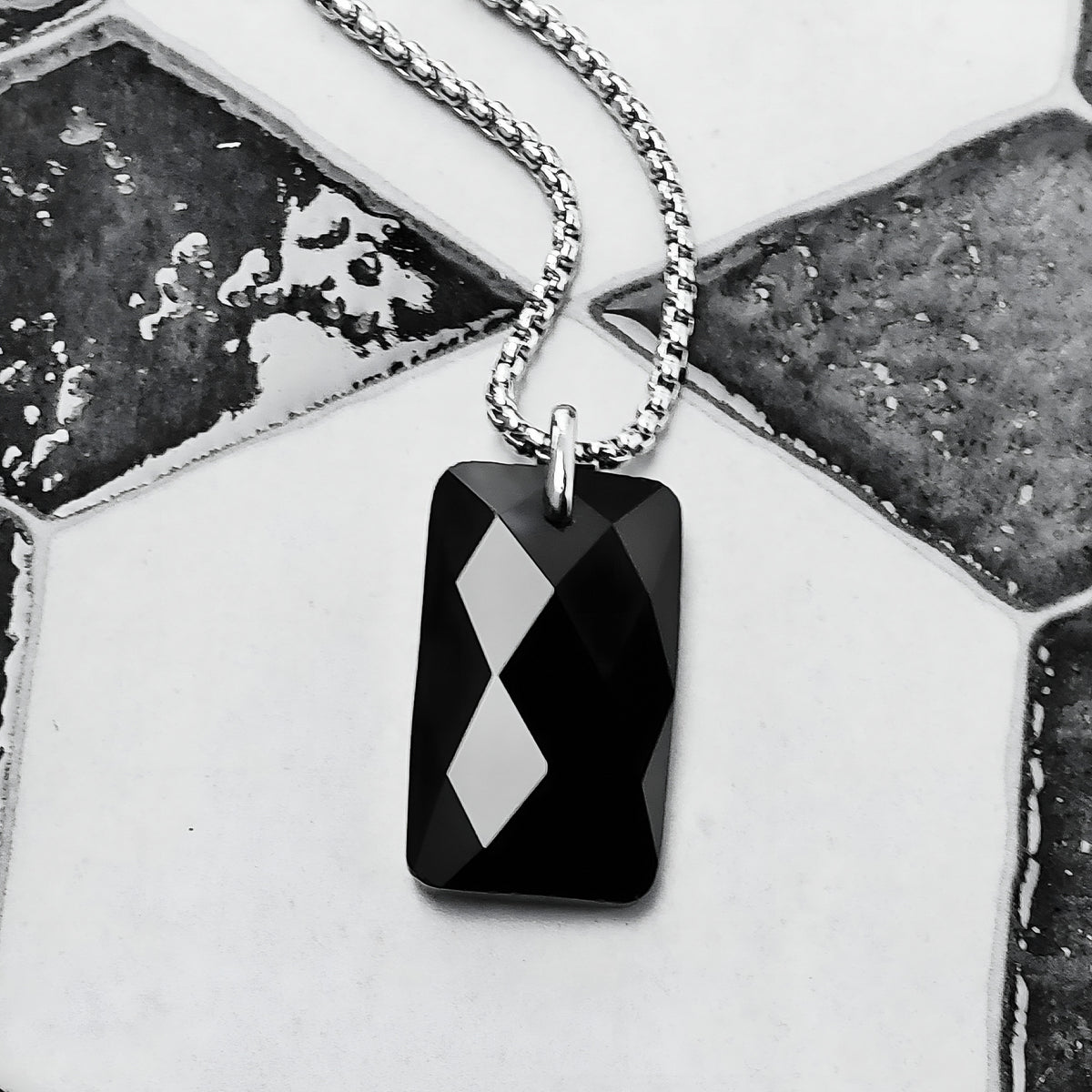 Faceted Black Onyx Dog Tag Necklace