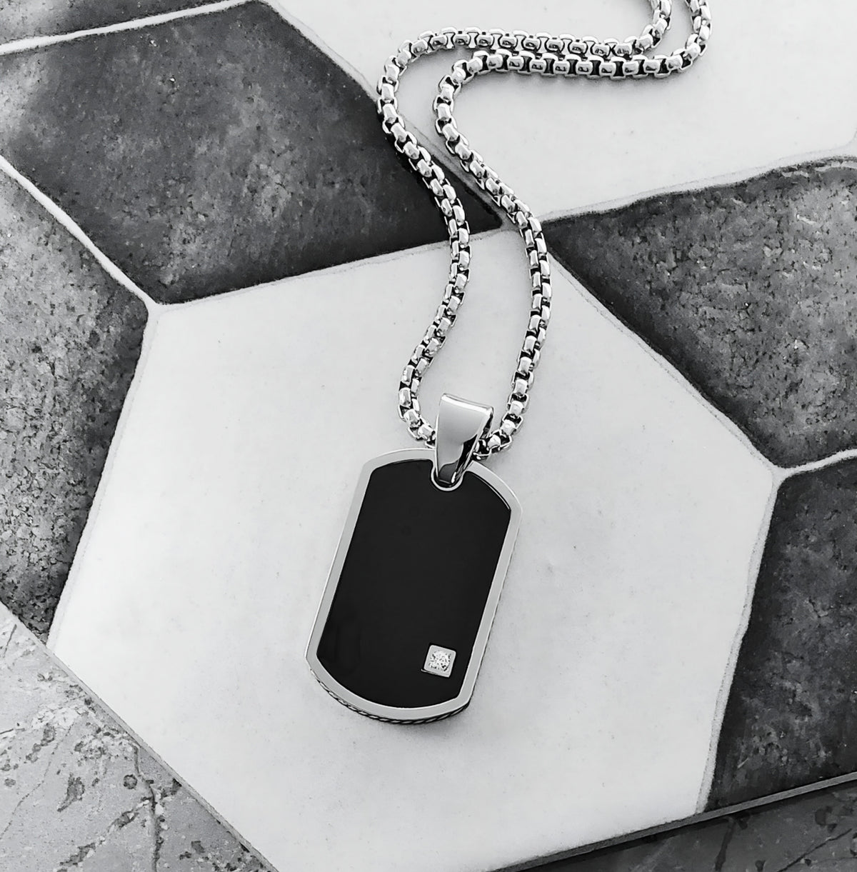 Black Onyx CZ Dog Tag Necklace
