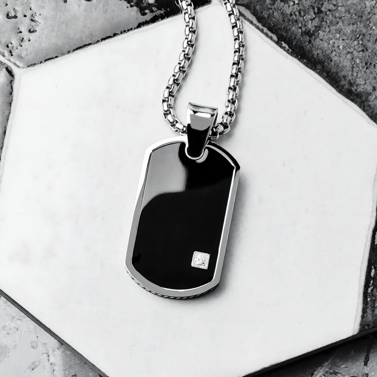 Black Onyx CZ Dog Tag Necklace