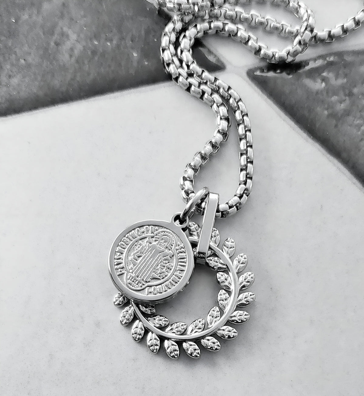 Saint Benedict Laurel Wreath Ring Necklace