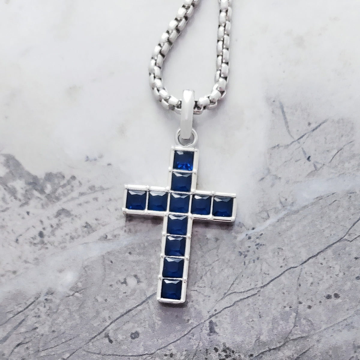 Silver Pavé Sapphire Cross