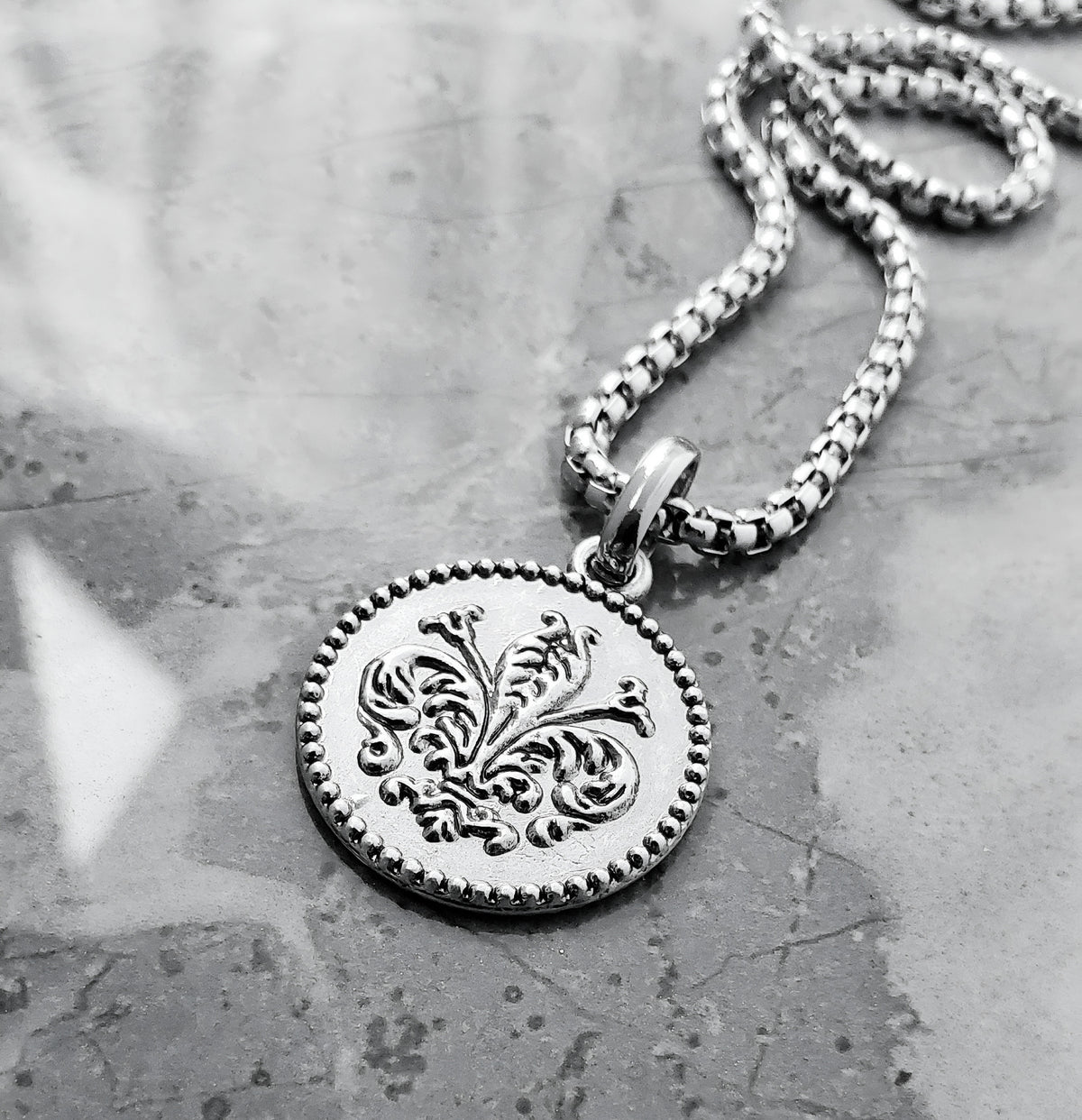 Rustic Silver Fleur de Lis Coin Necklace