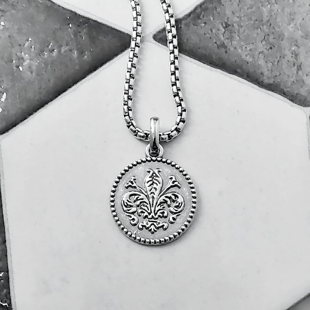 Rustic Silver Fleur de Lis Coin Necklace
