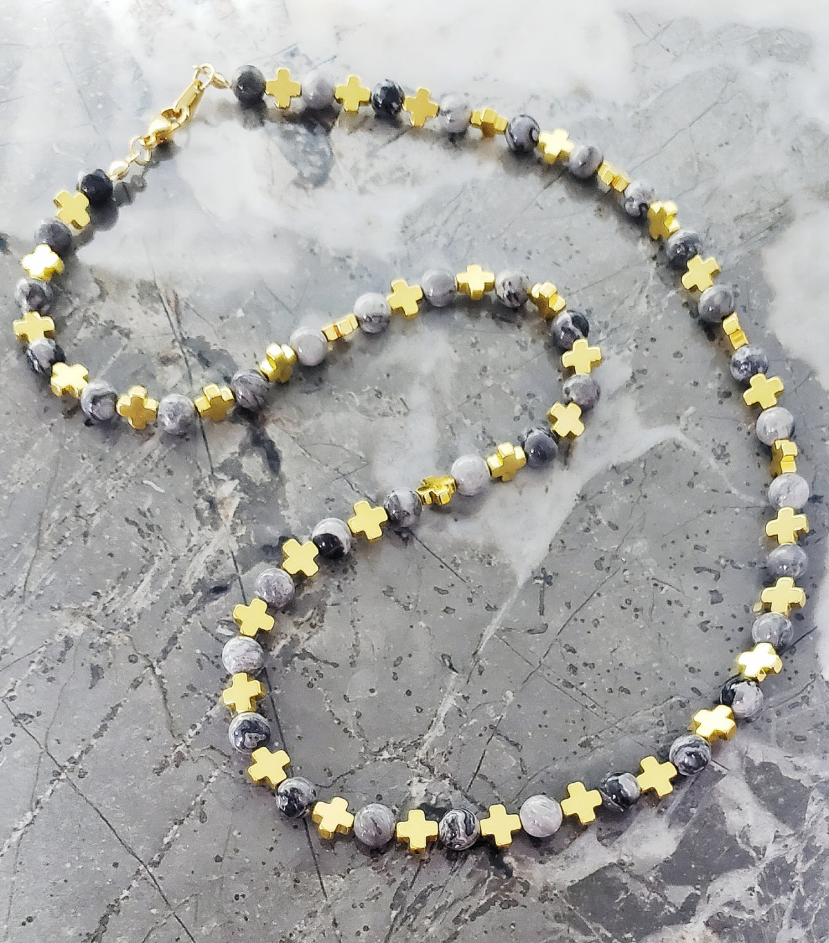 Gold Crosses Map Jasper Gemstone Necklace
