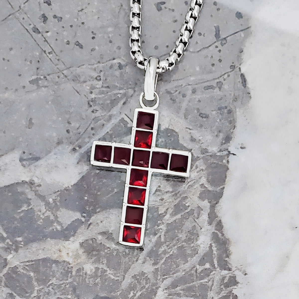 Silver Pavé Garnet Cross