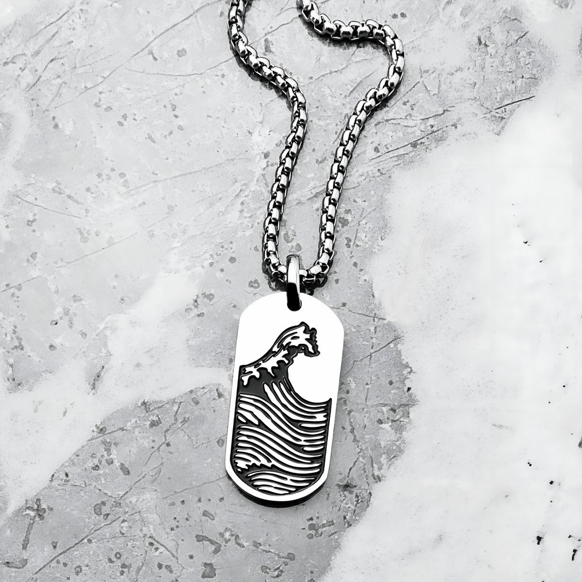Silver Wave Dog Tag Necklace