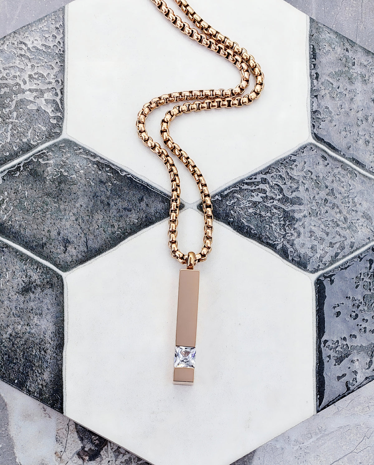 Rose Gold CZ Bar Tag Necklace