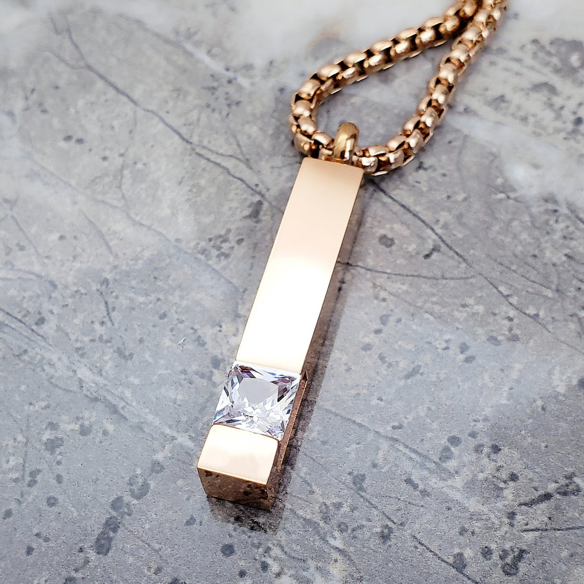Rose Gold CZ Bar Tag Necklace