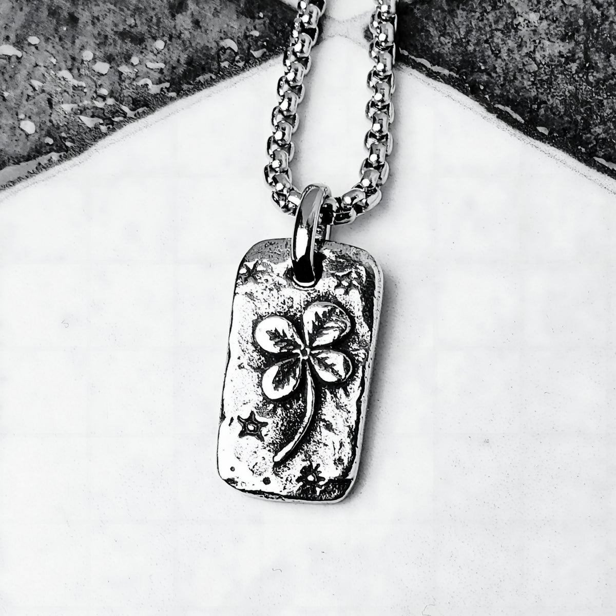 Silver Lucky Clover Tag Necklace