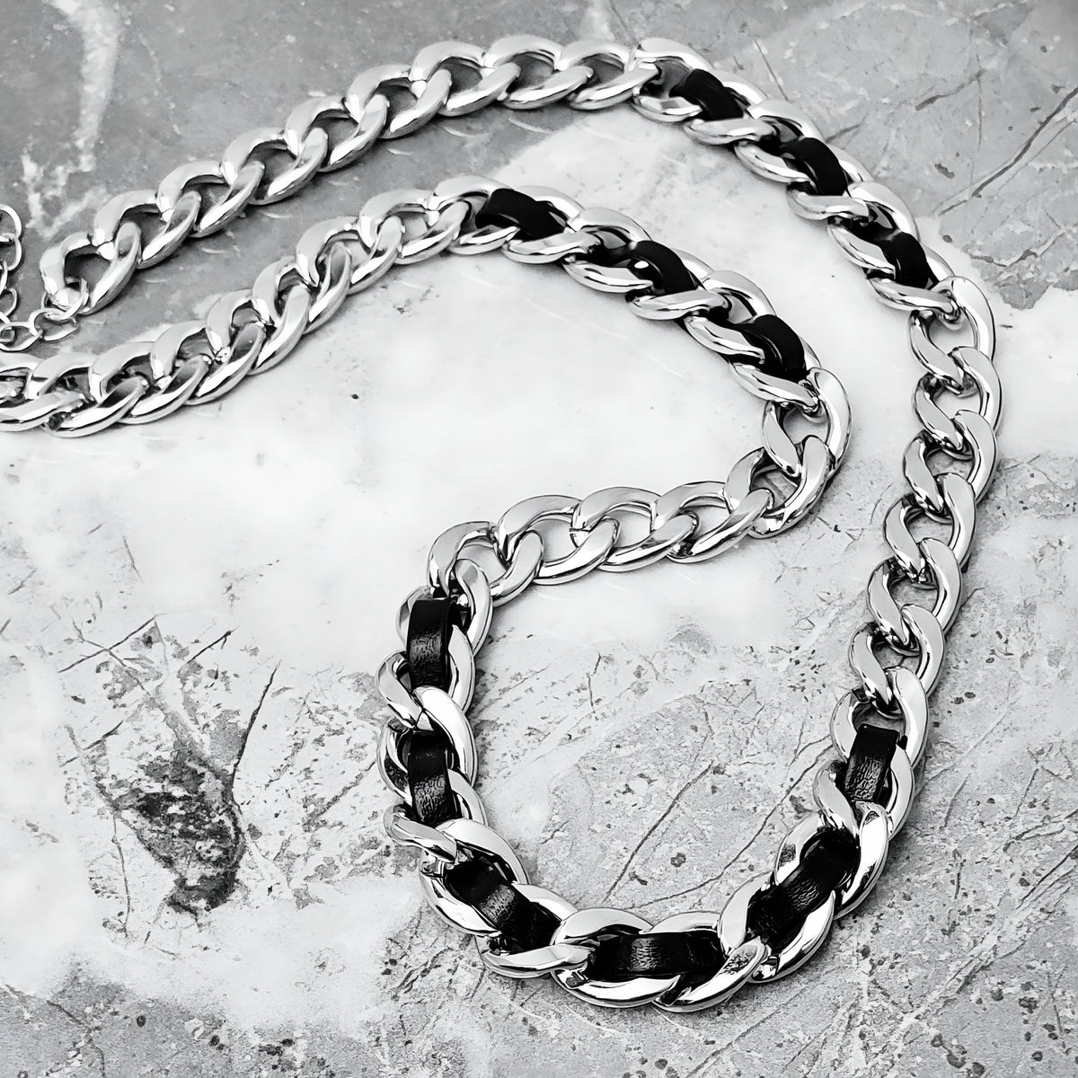 Black Leather Cuban Link Chain Necklace