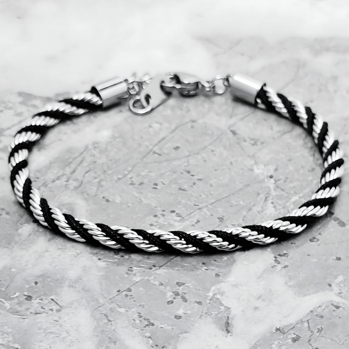 Silver Black Twisted Rope Chain Bracelet