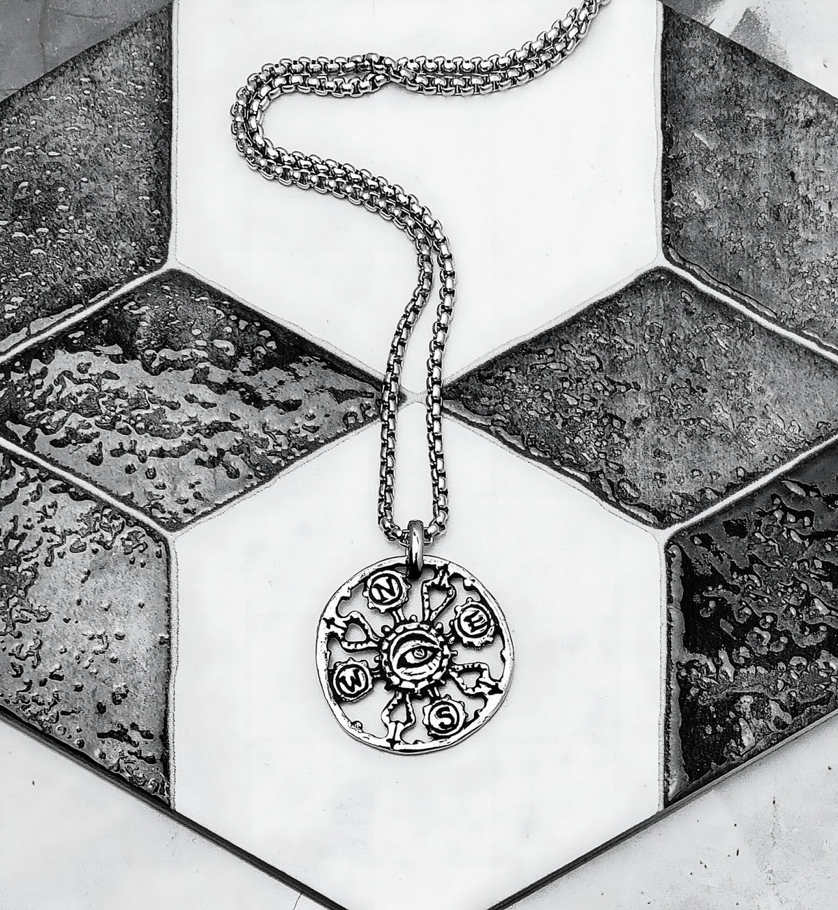 Silver Rustic Evil Eye Compass Amulet