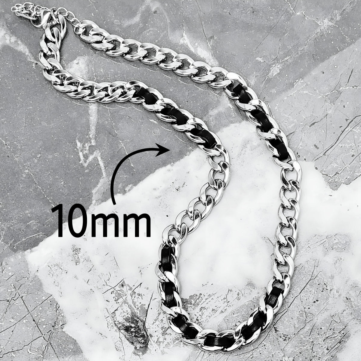 Black Leather Cuban Link Chain Necklace