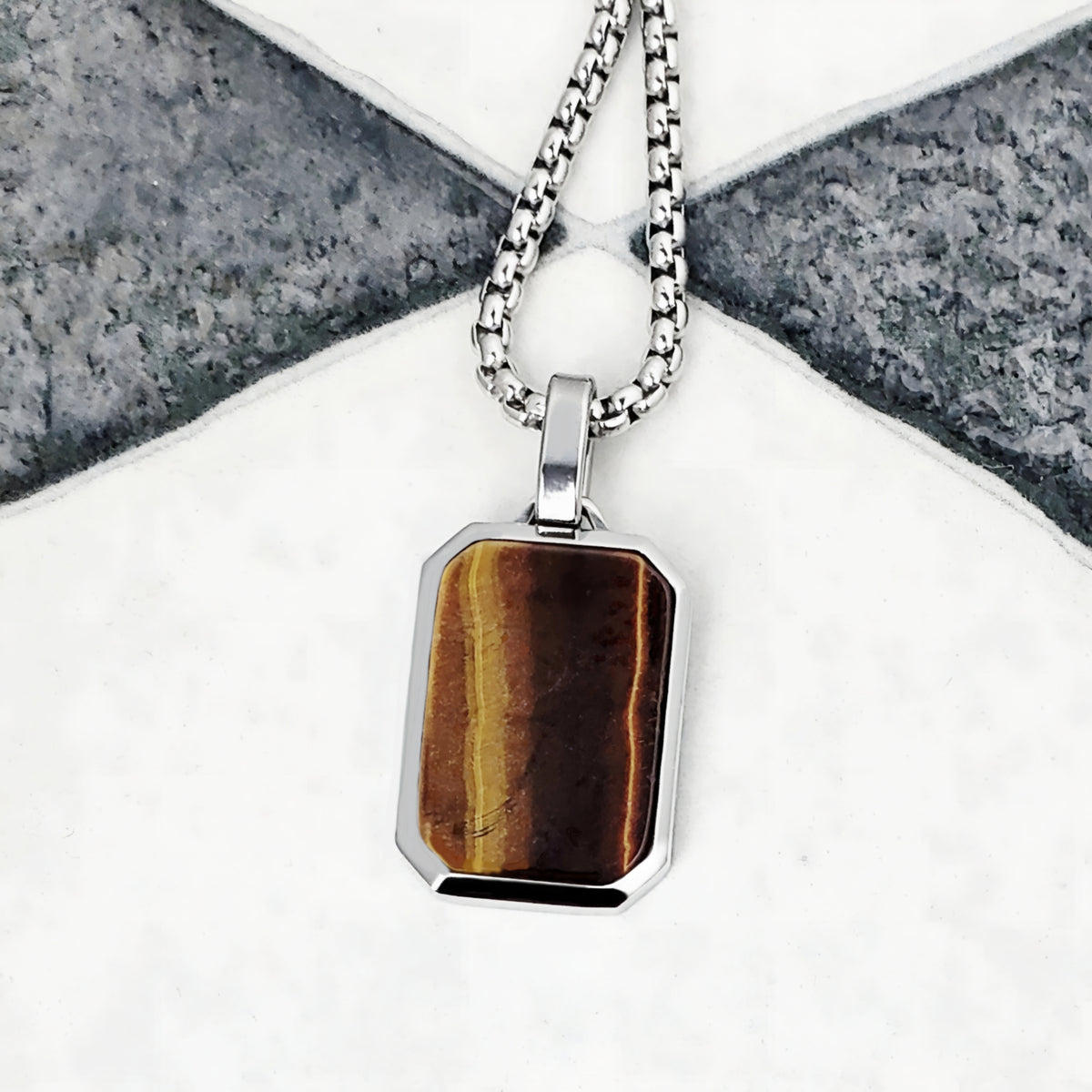 Silver Tiger Eye Gemstone Dog Tag