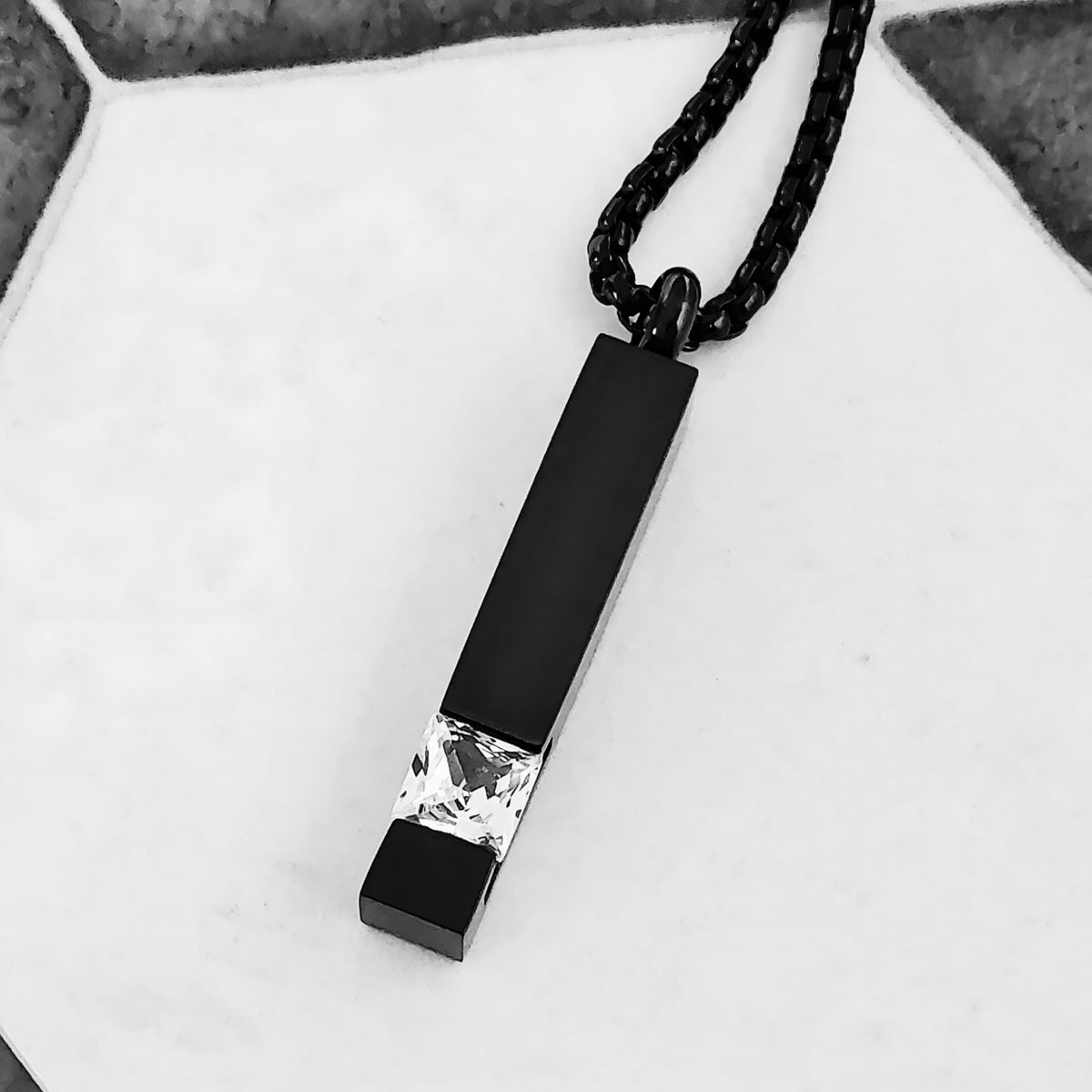Black Cubic Zirconia Bar Tag Necklace