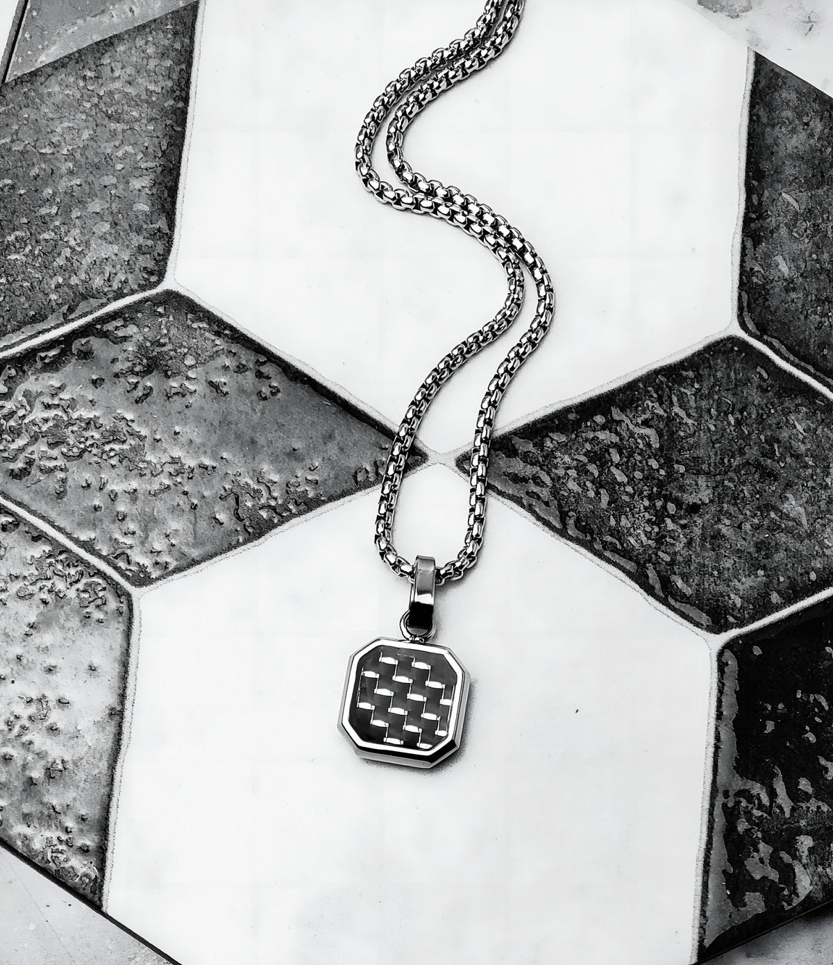 Silver Black Carbon Fiber Amulet Necklace