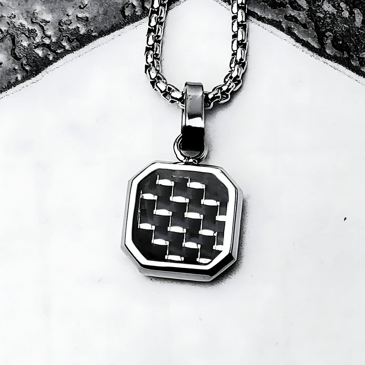 Silver Black Carbon Fiber Amulet Necklace
