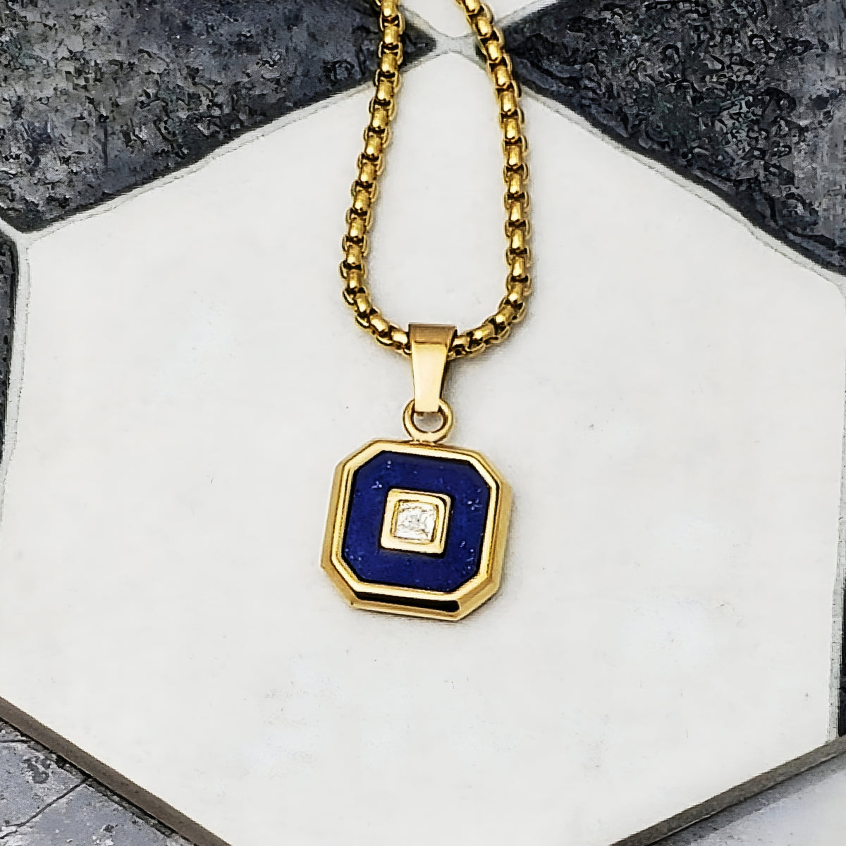 Gold CZ Lapis Lazuli Amulet Necklace