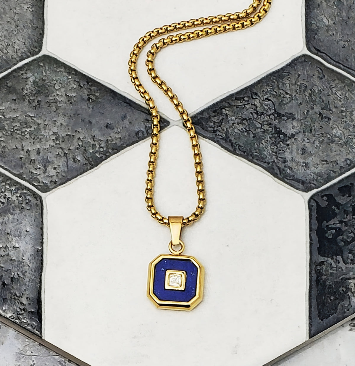 Gold CZ Lapis Lazuli Amulet Necklace