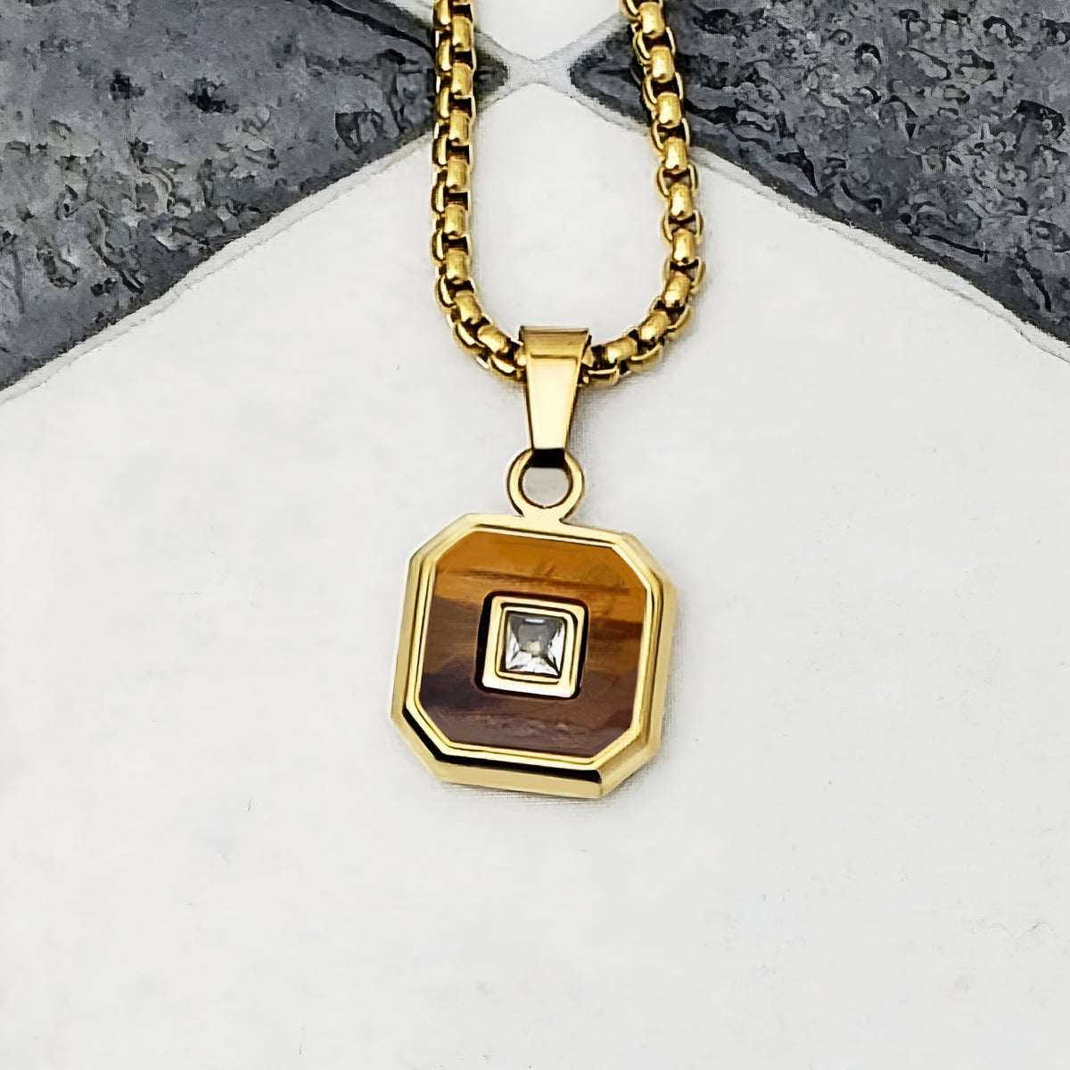 Gold CZ Tiger Eye Amulet Necklace