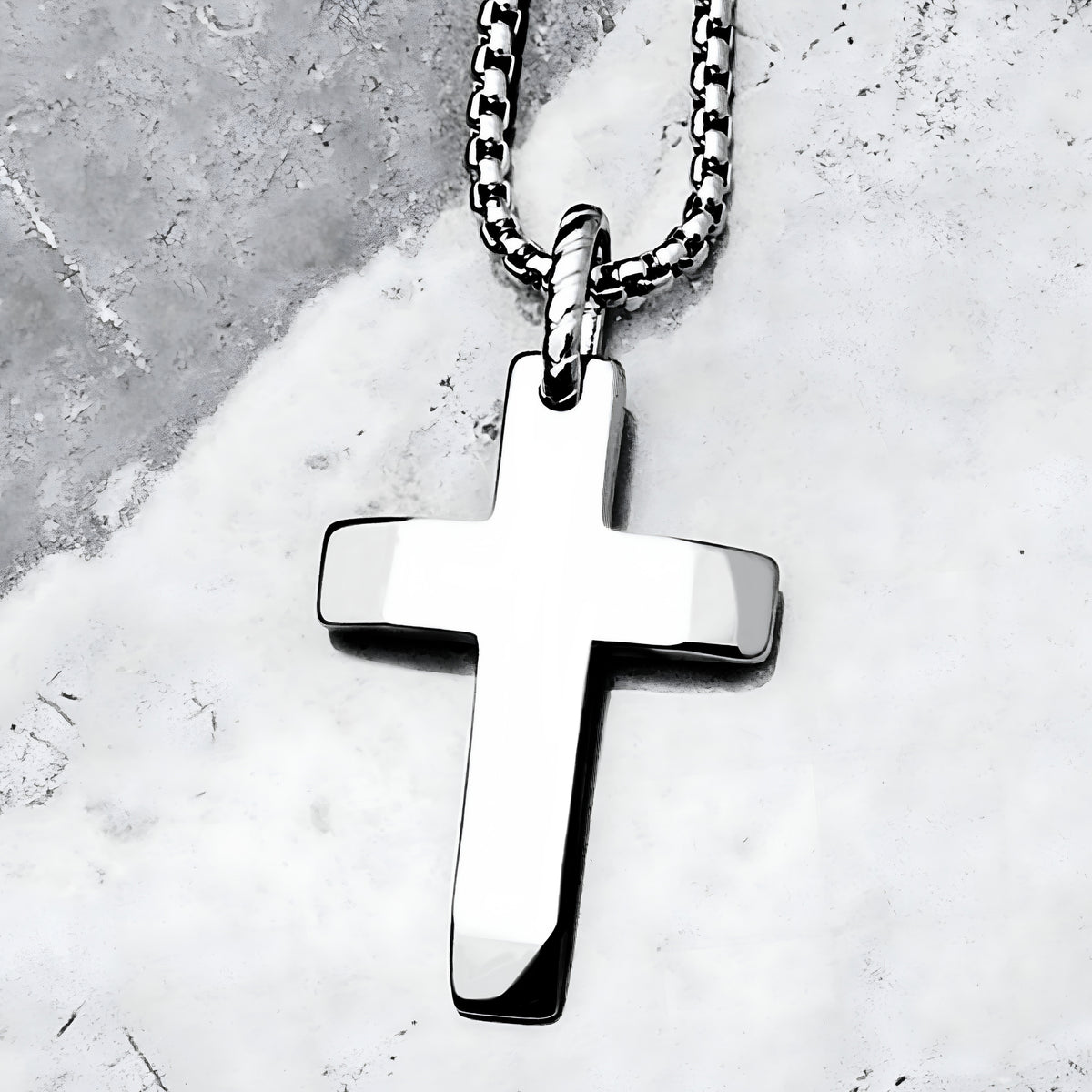 Silver Beveled Cross Necklace