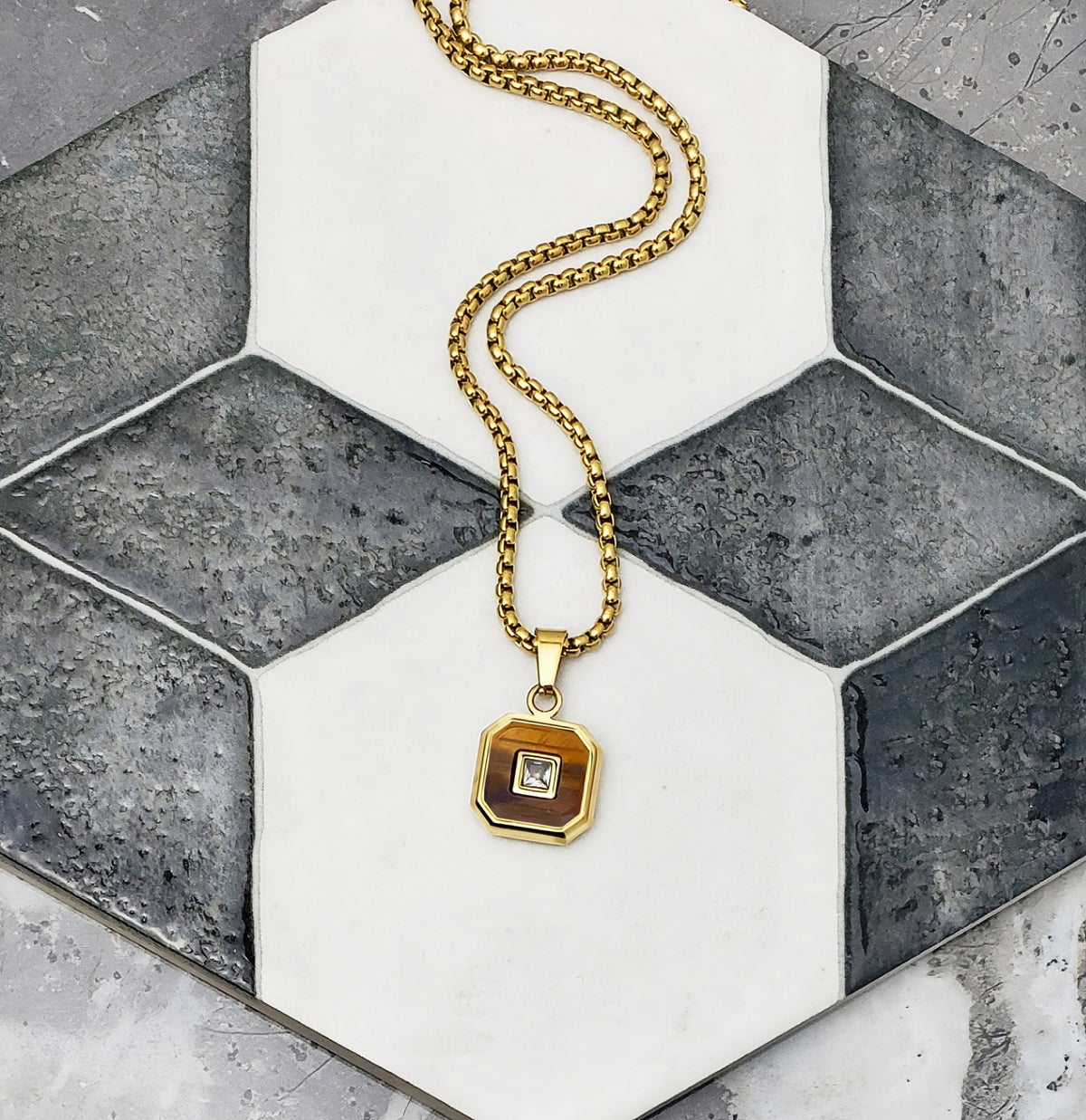 Gold CZ Tiger Eye Amulet Necklace