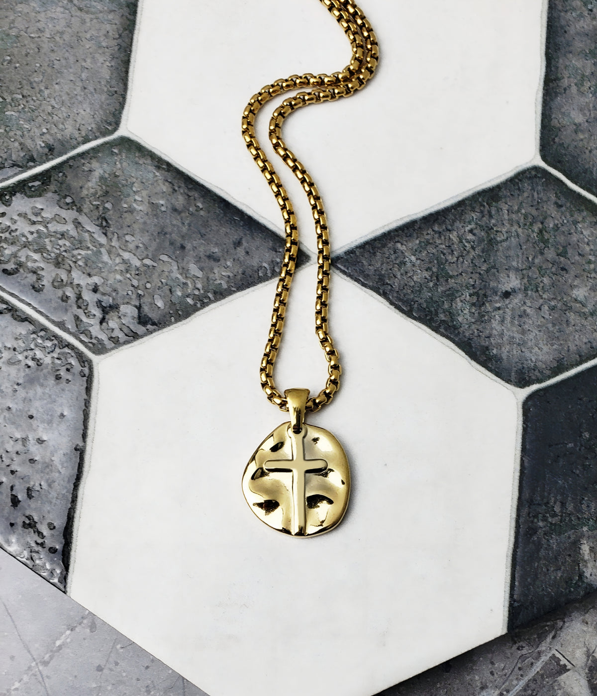 Gold Hammered Cross Coin Necklace