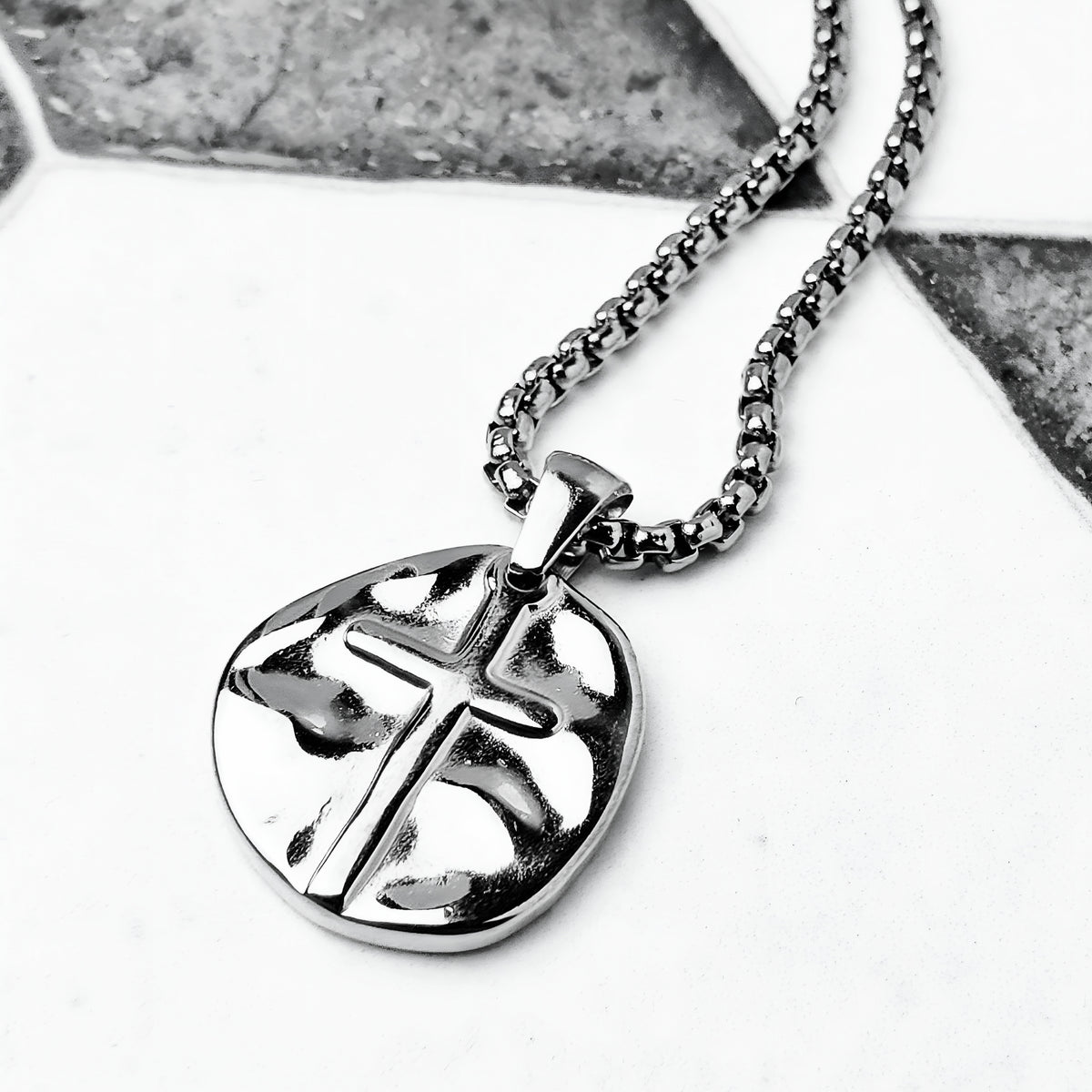 Silver Hammered Cross Coin Necklace