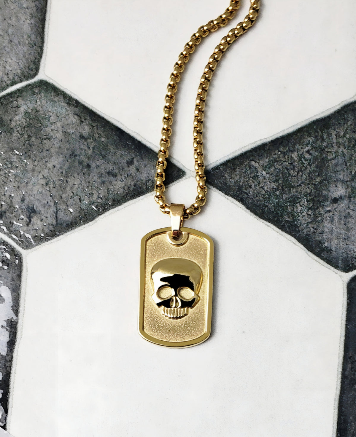 Gold Skull Dog Tag Necklace