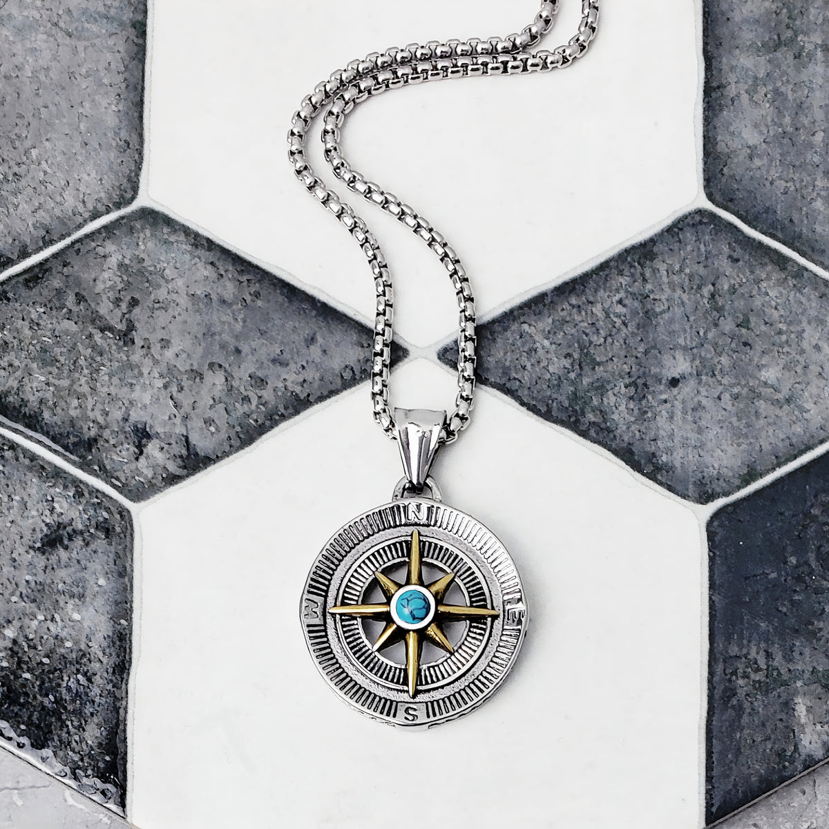 Silver Gold Turquoise Compass Necklace
