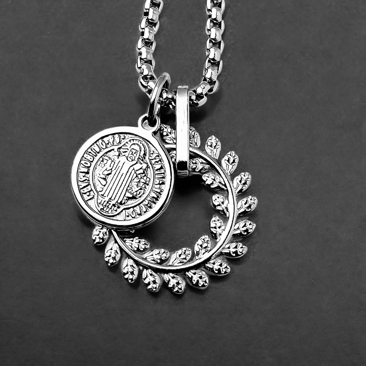 Saint Benedict Laurel Wreath Ring Necklace