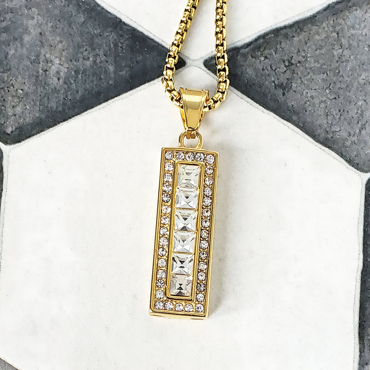 Gold CZ BAR Tag Necklace