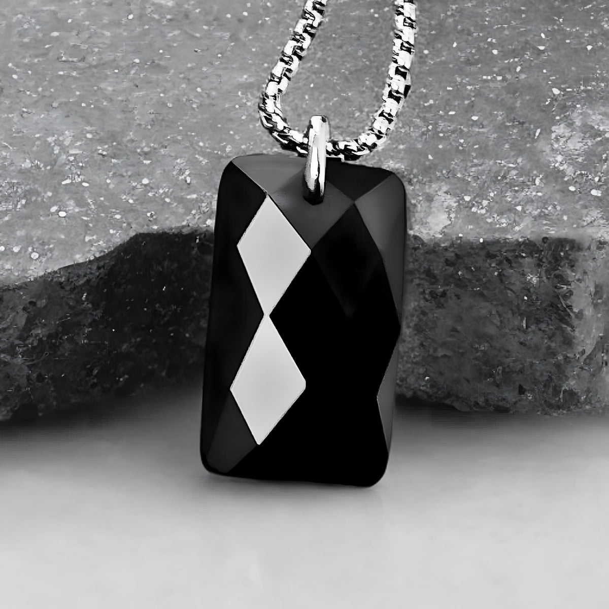 Faceted Black Onyx Dog Tag Necklace