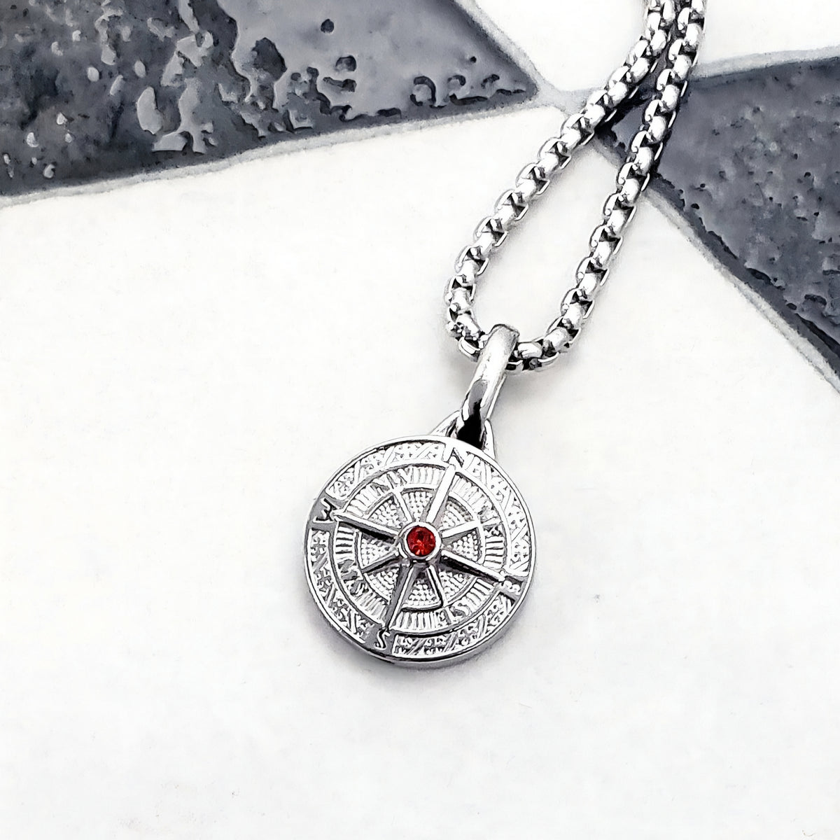 Pavé Garnet Compass Coin Necklace