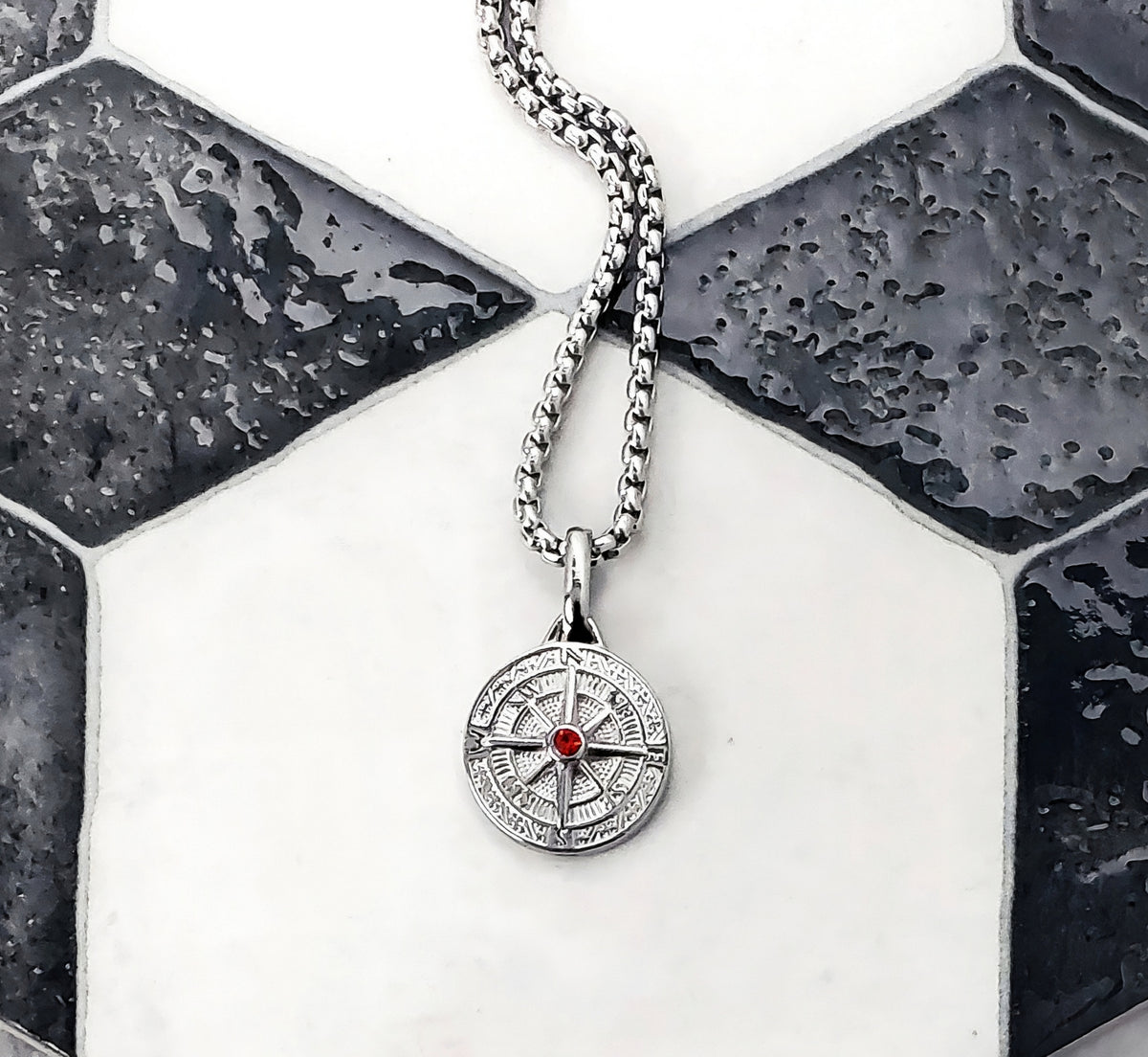 Pavé Garnet Compass Coin Necklace