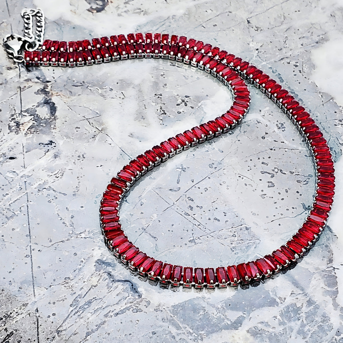 Silver Garnet Baguette Necklace