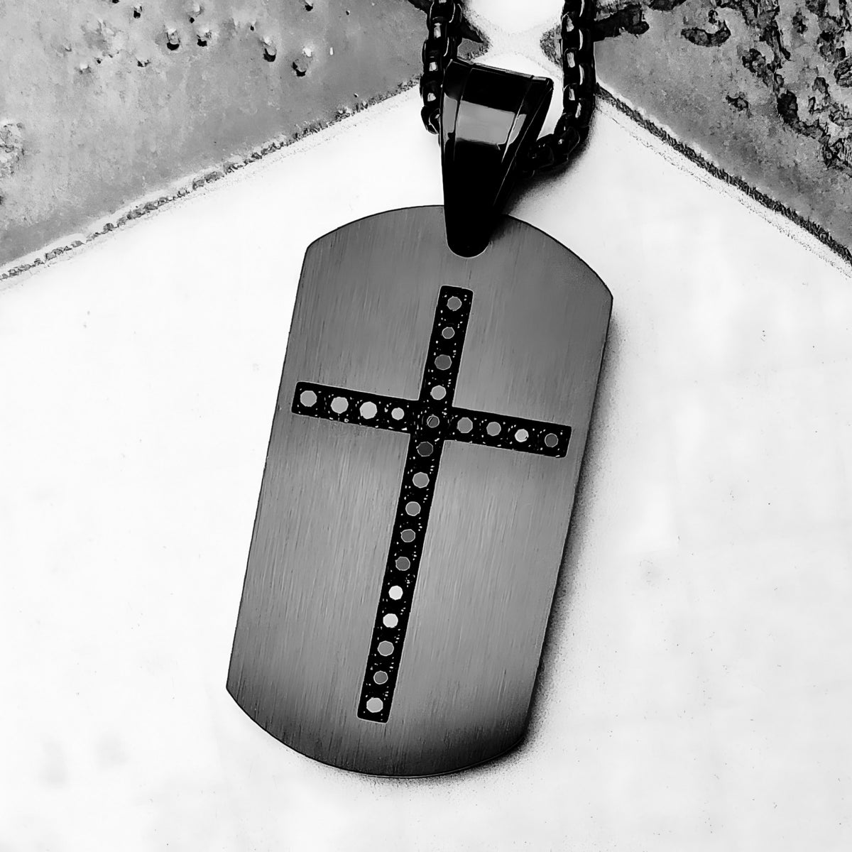 Matte Black Pavé Cross Dog Tag Pendant