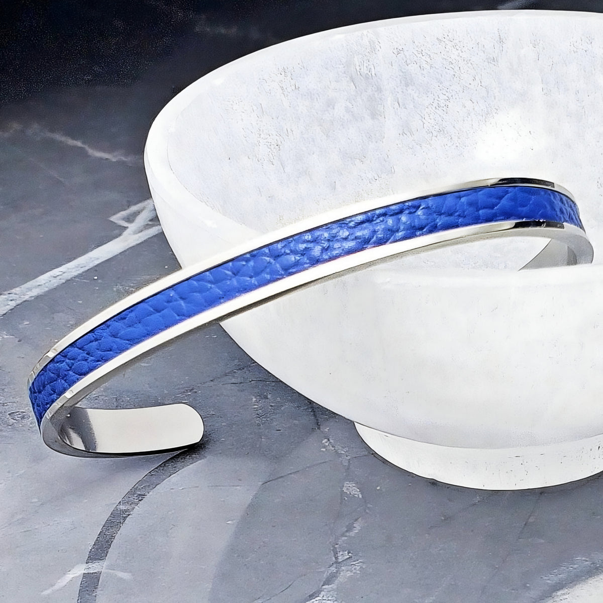 Silver Blue Leather Cuff Bracelet