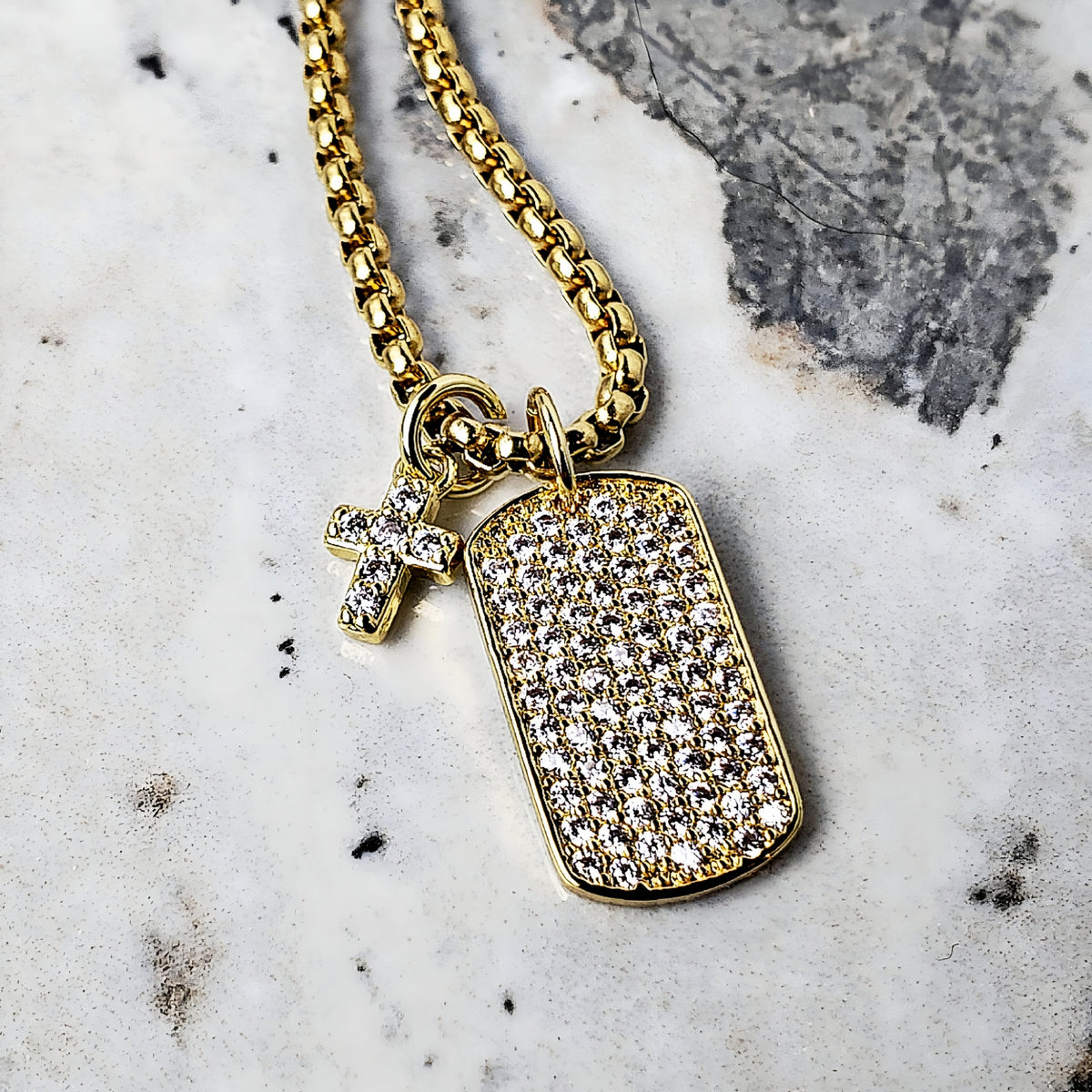 Pavé Mini Cross & Dog Tag Necklace